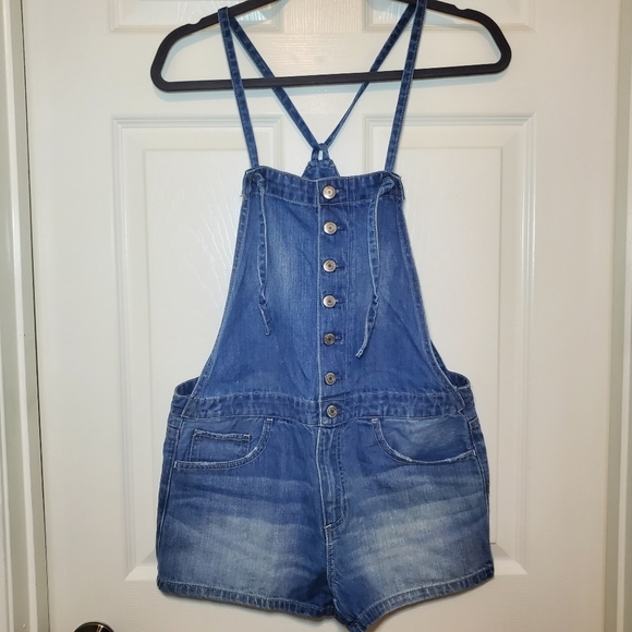 American Eagle Button Front Adjustable Tie Overalls Shorts Size Small - Picture 1 of 9